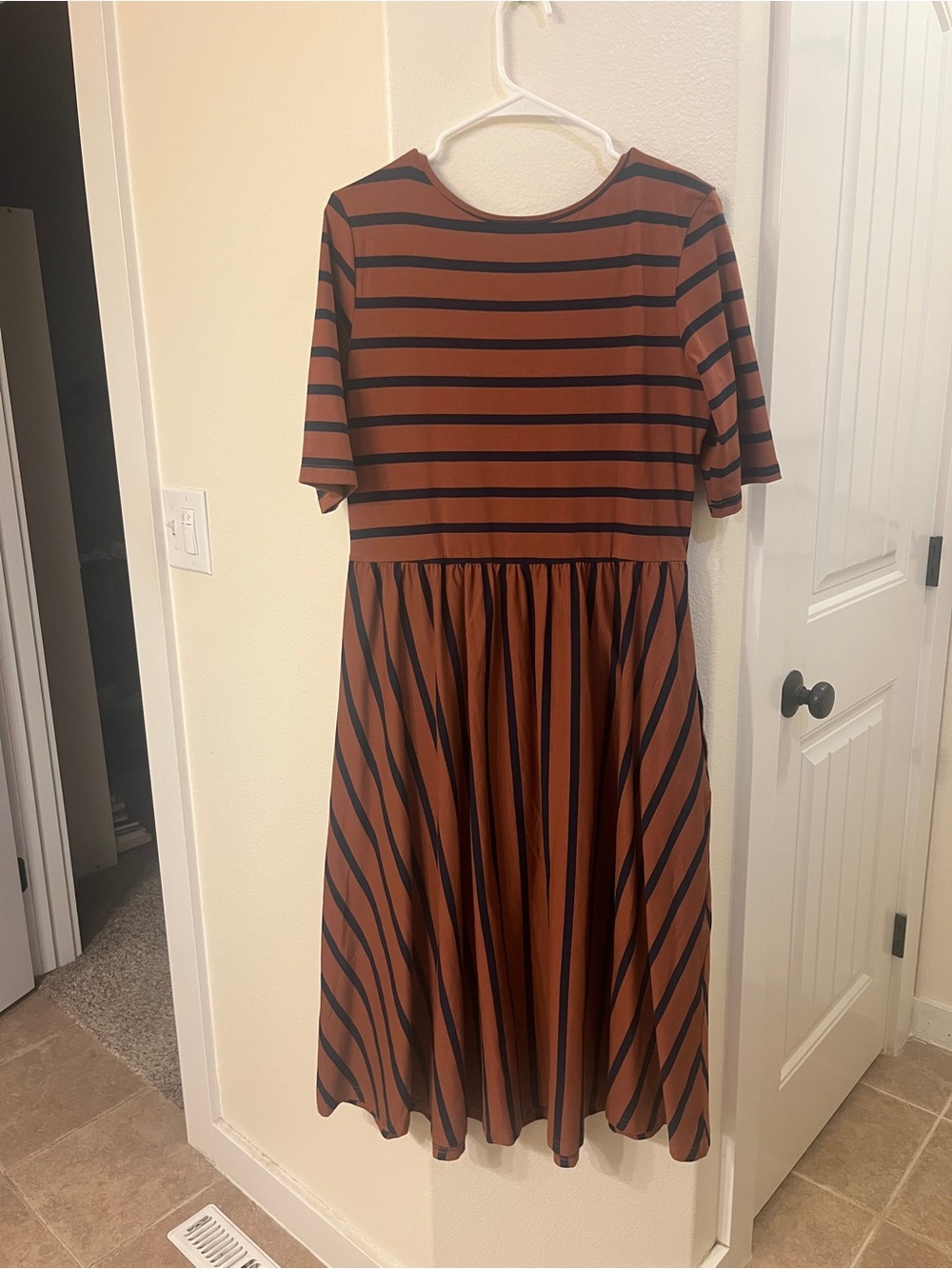 Latched Mama Brown and Navy Striped Midi Nursing Dress - Picture 2 of 3